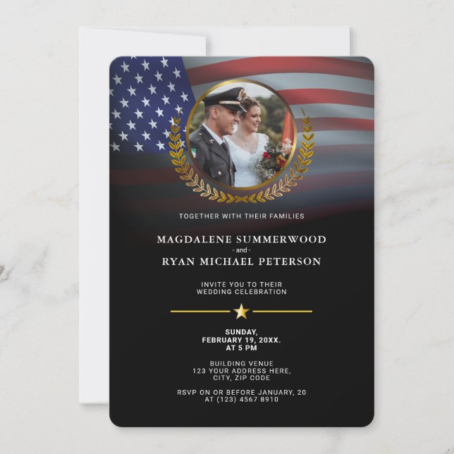 Patriotic Military American Flag and Photo Wedding Invitation (Front)