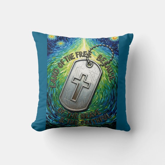 Patriotic Military Christian Dog Tag Free Land Cushion (Front)