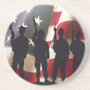Patriotic Military Soldier Silhouettes on Flag Coaster