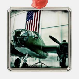 Patriotic Military WWII Plane with American Flag Metal Tree Decoration