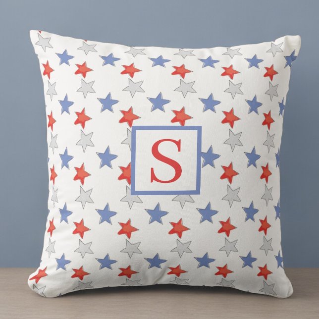 Patriotic Monogram Red White Blue Stars Cushion (Creator Uploaded)