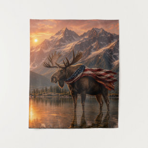 Patriotic Moose American Flag Cape Mountain Lake  Tapestry