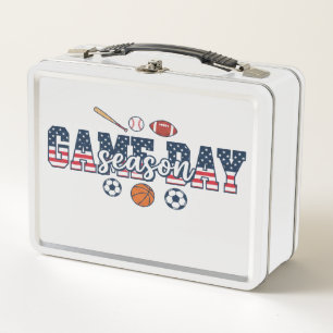Patriotic Multi Sport Game Day Season American Fla Metal Lunch Box