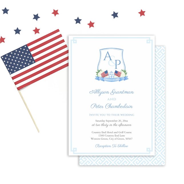 Patriotic New England Hydrangea Wedding Crest Invitation (Patriotic Red White And Blue Watercolor Crest Wedding Invitation With Blue White Greek Key Backer)
