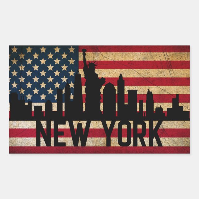 Patriotic New York Skyline American Flag Rectangular Sticker (Front)