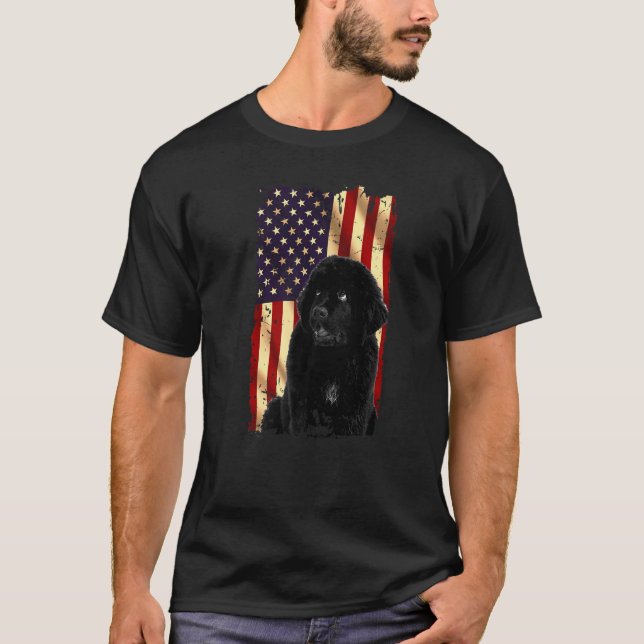Patriotic Newfoundland American Flag July 4th Dog T-Shirt (Front)