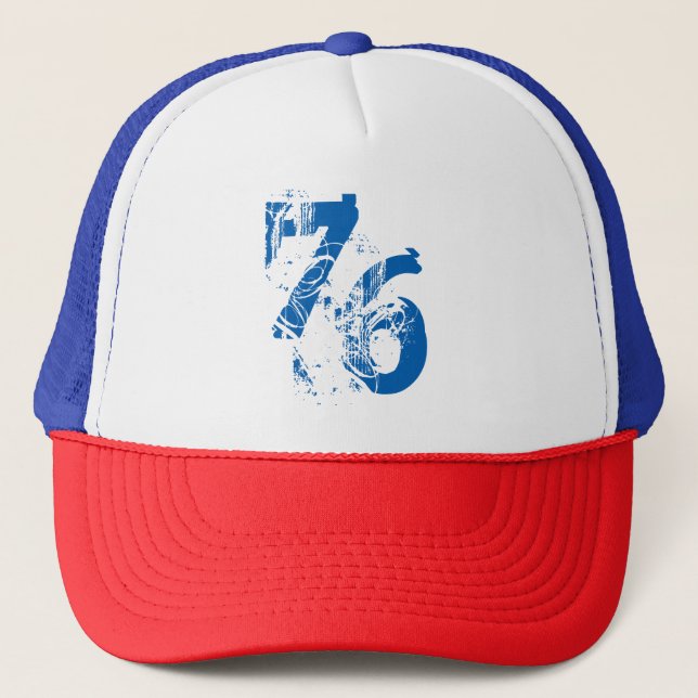 patriotic number-76 red white blue USA America Trucker Hat (Front)