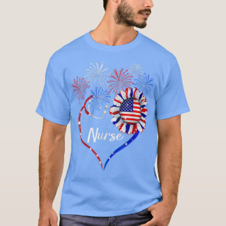 Patriotic Nurse 4th Of July American Flag Sunflowe T-Shirt