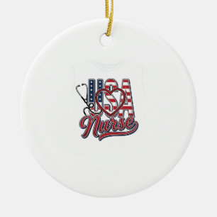 Patriotic Nurse USA Heart Stethoscope Shirt Design Ceramic Tree Decoration