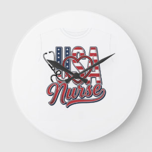Patriotic Nurse USA Heart Stethoscope Shirt Design Large Clock
