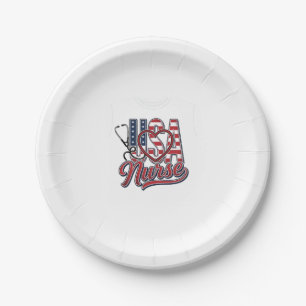 Patriotic Nurse USA Heart Stethoscope Shirt Design Paper Plate