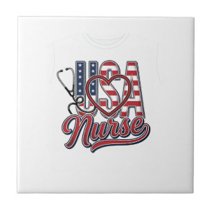 Patriotic Nurse USA Heart Stethoscope Shirt Design Tile