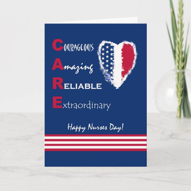 Patriotic Nurses Day with CARE and Heart Card (Front)
