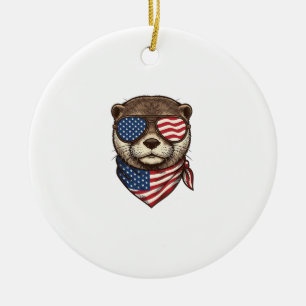 Patriotic Otter Vector Vintage Engraving Shirt Des Ceramic Tree Decoration
