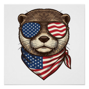 Patriotic Otter Vector Vintage Engraving Shirt Des Poster