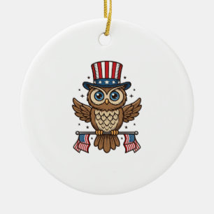 Patriotic Owl Vintage Engraving Graphic_1 Ceramic Tree Decoration