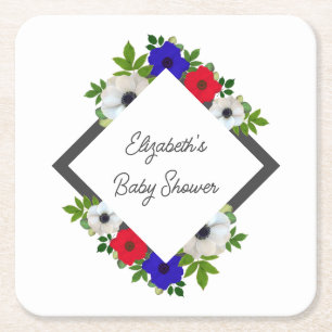 Patriotic Panda Anemone Baby Shower Square Paper Coaster