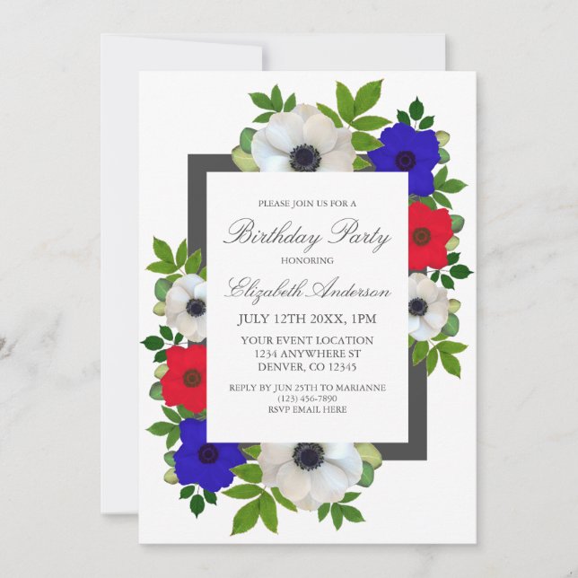 Patriotic Panda Anemone Birthday Party Invitation (Front)