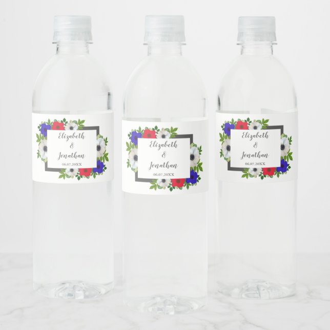 Patriotic Panda Anemone Wedding Water Bottle Label (Bottles)