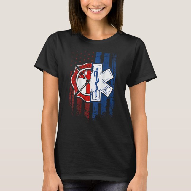 Patriotic Paramedic Firefighter EMT USA Flag EMS T-Shirt (Front)