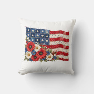 Patriotic Patchwork American Flag with Wildflowers Cushion