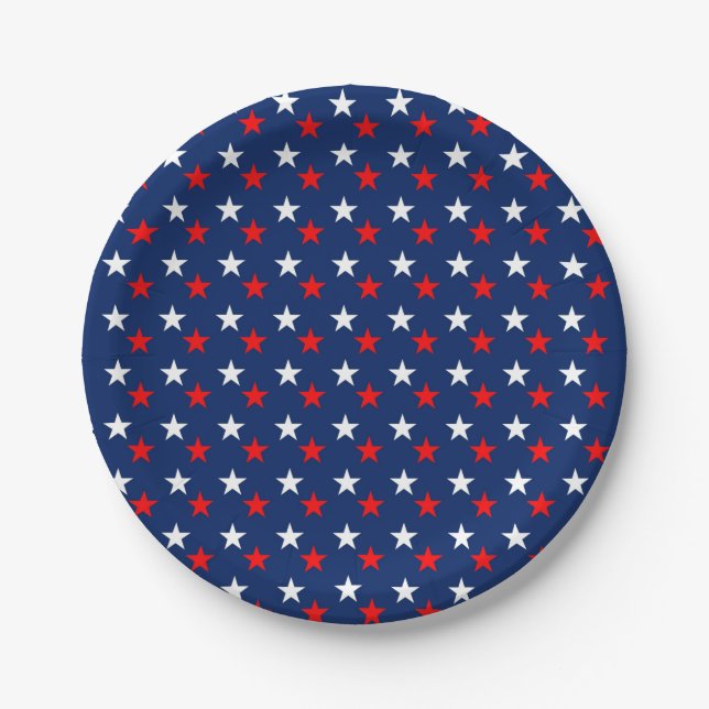 Patriotic Pattern Stars on Blue Paper Plate (Front)