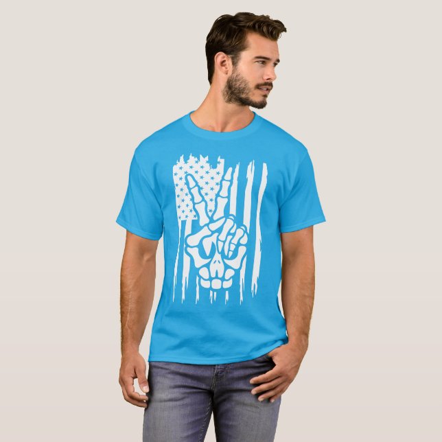 Patriotic Peace American Flag Skeleton Hand T-Shirt (Front Full)