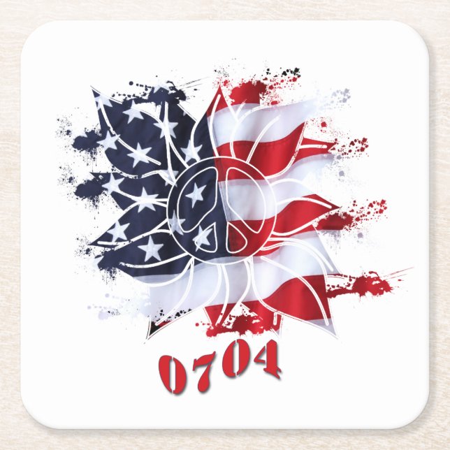 Patriotic Peace Flower 4th of July BBQ Square Paper Coaster (Front)