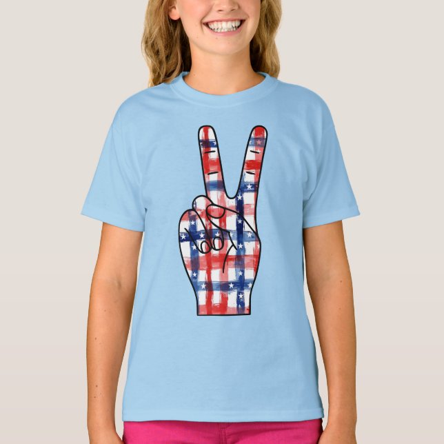 Patriotic Peace Sign Hand Abstract US Flag Pattern T-Shirt (Front)