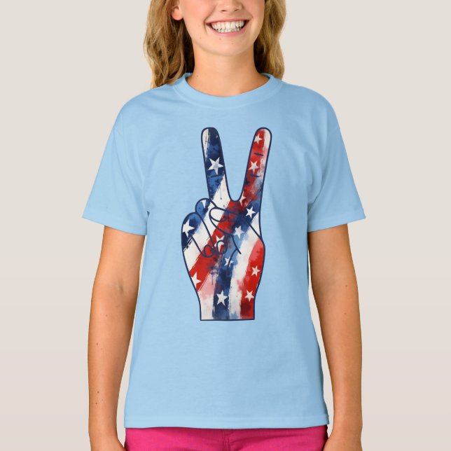Patriotic Peace Sign Hand Wavy US Flag Pattern T-Shirt (Front)