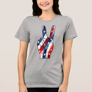 Patriotic Peace Sign Hand Wavy US Flag Pattern Tri-Blend Shirt