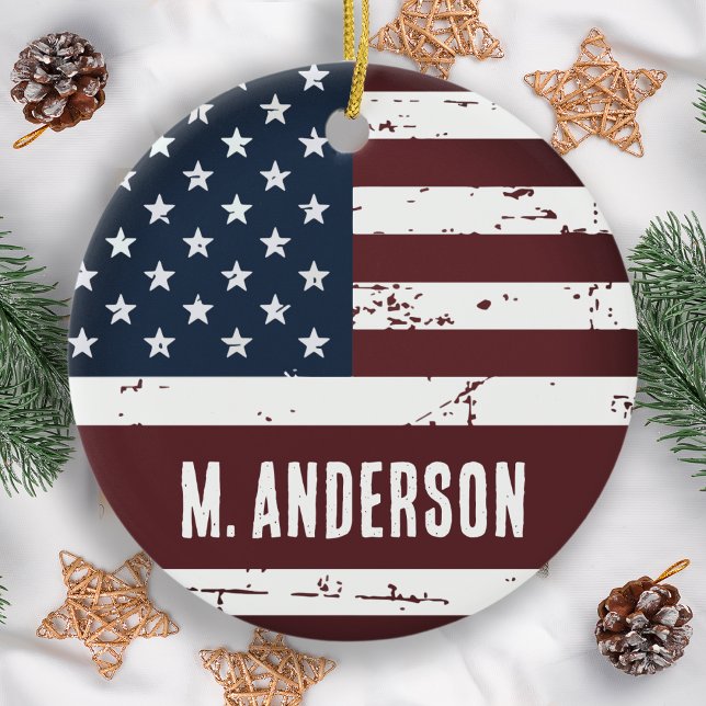 Patriotic Personalised USA American Flag Ceramic Tree Decoration (Creator Uploaded)