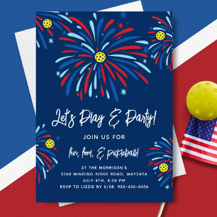 Patriotic Pickleball & Fireworks 4th of July Party Invitation