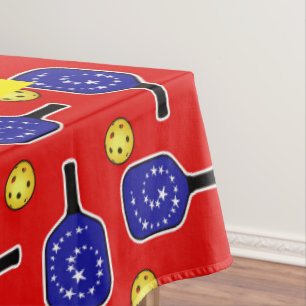 Patriotic Pickleball Red White Blue American Flag Tablecloth