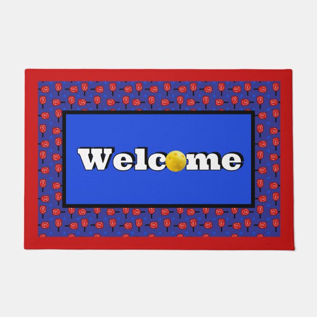 Patriotic Pickleball Red White Blue Paddles Balls Doormat (Front)