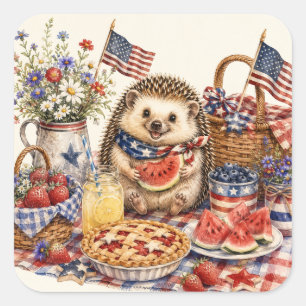 Patriotic Picnic Hedgehog Watercolor Design Square Sticker