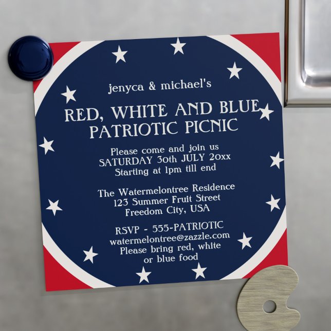 Patriotic Picnic Stars 4th of July Red White Blue Magnetic Invitation (All you have to do is add your party details and voilà! Stick it to your fridge)