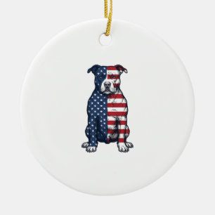 Patriotic Pit Bull Vintage Engraving Vector Design Ceramic Tree Decoration