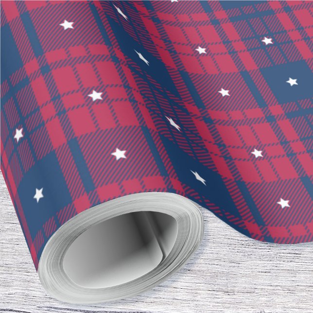 Patriotic Plaid with Stars-Red-White-Blue Wrapping Paper (Patriotic Plaid with Stars-Red-White-Blue Wrapping Paper Rolls by Leapfroglisics Shop)