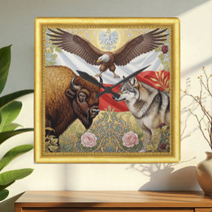 Patriotic Poland, Bison, Wolf, Eagle, Art Nouveau Square Wall Clock