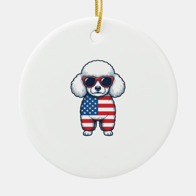 Patriotic Poodle in Sunglasses Vector Design_1 Ceramic Tree Decoration (Front)