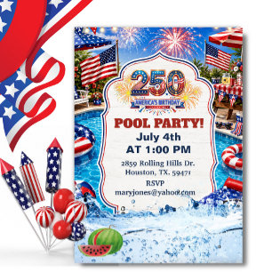 Patriotic Pool Party America's 250 Birthday BBQ Invitation