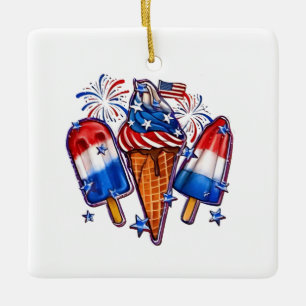 Patriotic Popsicles Ice Cream 4th of July Ceramic Ornament