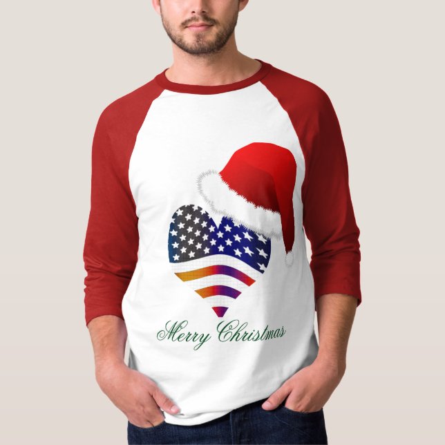 Patriotic Proud Flag Heart Santa Christmas Holiday T-Shirt (Front)