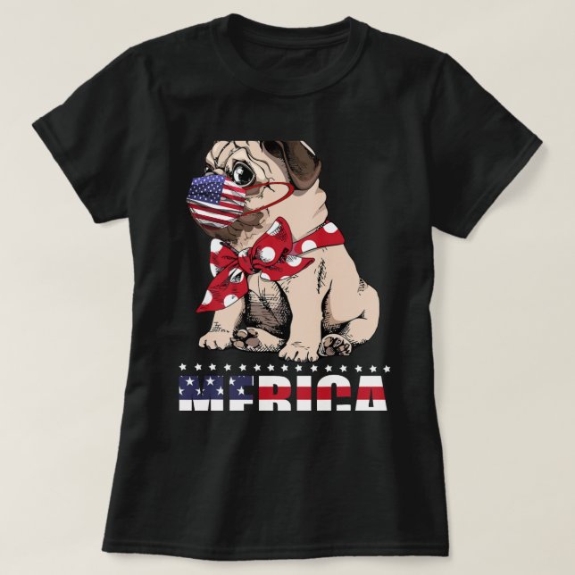 Patriotic Pug in American Flag Mask 24th of July D T-Shirt (Design Front)