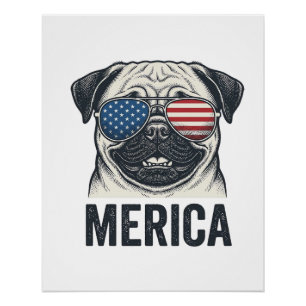 Patriotic Pug Merica Vintage Engraving Shirt Desig Poster