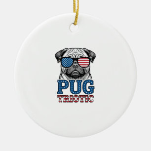 Patriotic Pug Vintage Engraving Shirt Design_1 Ceramic Tree Decoration