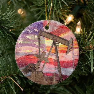 Patriotic Pumpjack at Sunset Pastel Drawing Art Ceramic Tree Decoration