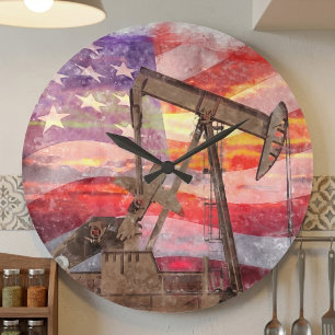 Patriotic Pumpjack at Sunset Pastel Drawing Art Large Clock
