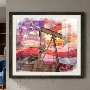 Patriotic Pumpjack at Sunset Pastel Drawing Art Photo Print